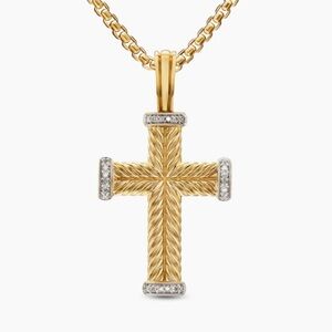 Cable Gold Cross Pendant Necklace with Pave Diamonds 17” Adjustable to 21”